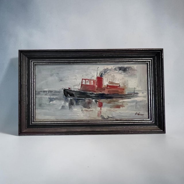 A charming vintage impressionist oil on board depicting a solitary harbor tugboat gliding across calm waters. Executed...