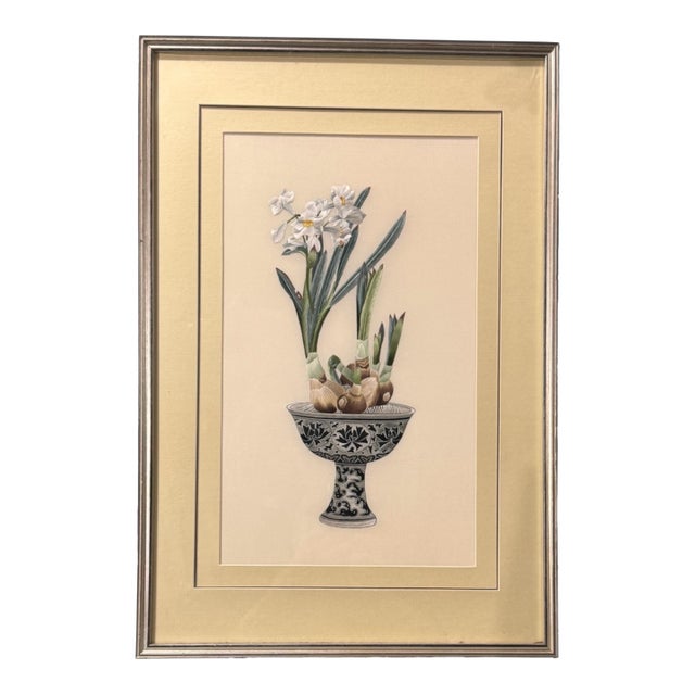 Vintage Chinese Still Life Silk Embroidery Needlework Potted Flower in a Compote For Sale