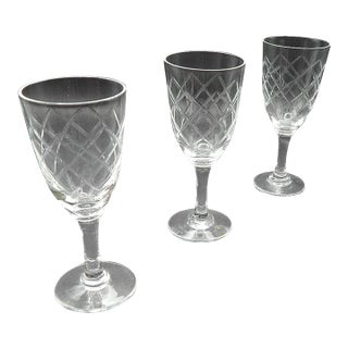 Vintage 1960s Mid Century Cut Crystal Diamond Pattern Cordial Sherry Goblets Glasses- Set of 3 For Sale