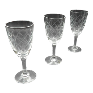 Vintage 1960s Mid Century Cut Crystal Diamond Pattern Cordial Sherry Goblets Glasses- Set of 3