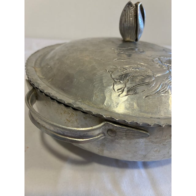 Silver Vintage Hammered Aluminum Lidded Serving Dish With Tulip Finial For Sale - Image 8 of 15