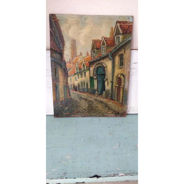 Brown Oil on Board European Village Painting For Sale - Image 8 of 8