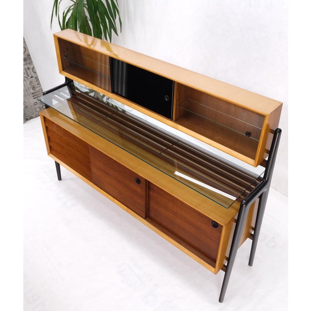 Mid-Century Modern Mid-Century Modern Bi Level Long Credenza Server Dresser Cabinet Ebonized Legs For Sale - Image 3 of 18