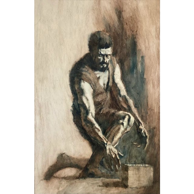 Larry Prestwich 1935-2023. A large conte crayon and charcoal drawing on paper of a kneeling figure reaching for a...