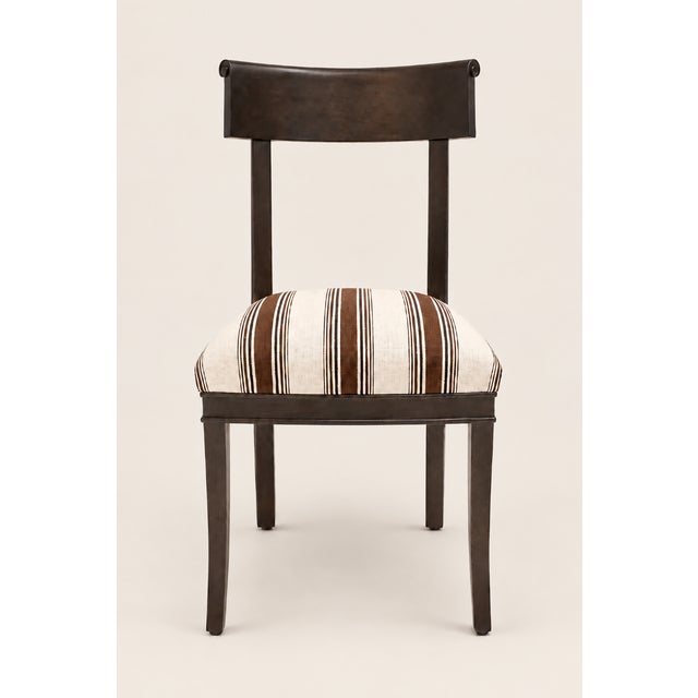 Charming little chair in dark-stained beechwood. Satin varnish. Recently reupholstered in new off-white and brown striped...