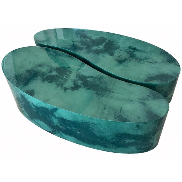Striking pair of Julian Chichester high gloss teal vellum Bali coffee tables featuring sculptural, organic forms designed...