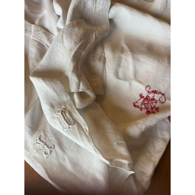 Antique French Linen Sheet Red Monogram Cross Stitch Soft Linen Sheet Lh Initials Rustic Trousseau Linen Circa 1900 For Sale - Image 10 of 12