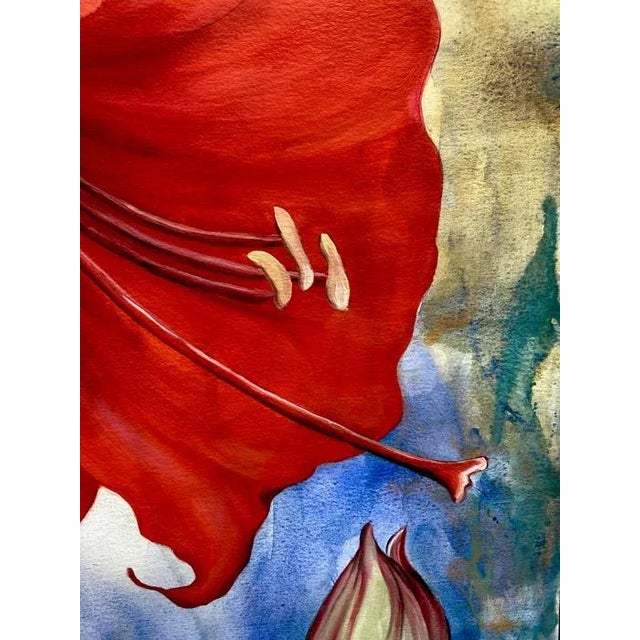 A contemporary colorful floral painting. This uplifting art piece would look great in a variety of settings. A dramatic,...