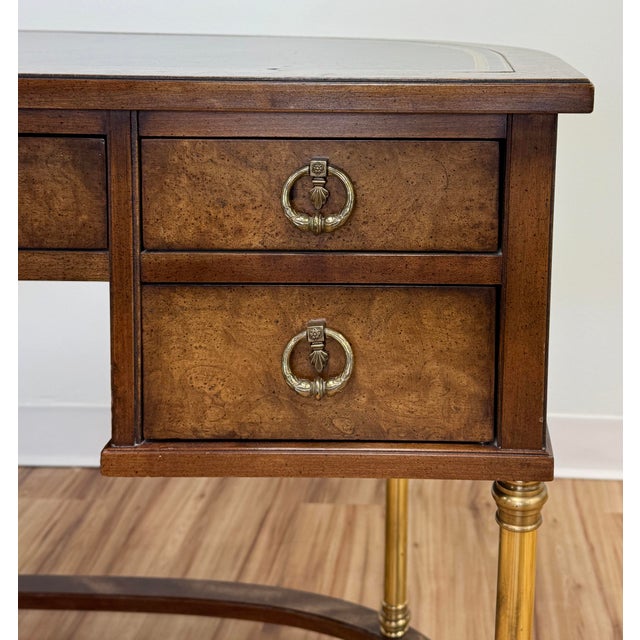 Vintage Sligh-Lowry Burl Wood Leather Top Demilune Desk W/ Brass Legs For Sale - Image 10 of 12