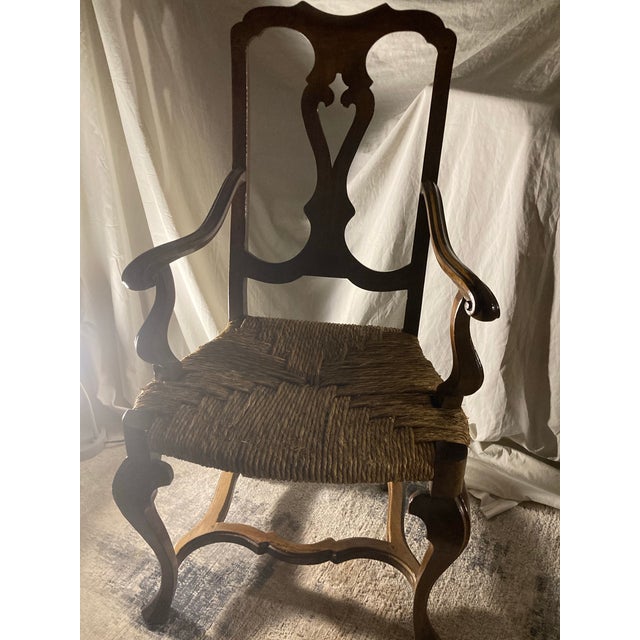 Wood This Is a 19th-Century Venetian Baroque Armchair Crafted From Hand-Carved Walnut With a Hand-Woven Rush Seat. Hand Carved Walnut Rustic Arm Chair. For Sale - Image 7 of 9