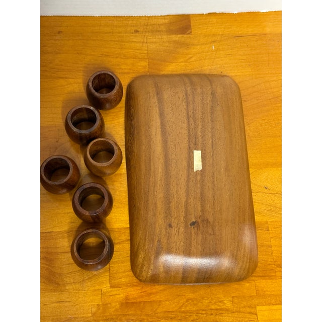 1970s Vintage Teak-Wood Serving Tray W/ Six Teak Napkins Rings 6pc For Sale - Image 5 of 7