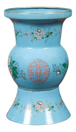 Vintage Chinese Hand Painted Blue Metal Vase with Calligraphy and Floral Décor