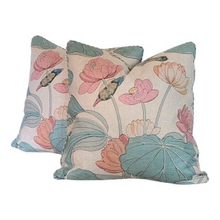 Lee Jofa Nympheus Twill Pillows in Pink/Teal With Braided Multi Cord- 22" Pair For Sale