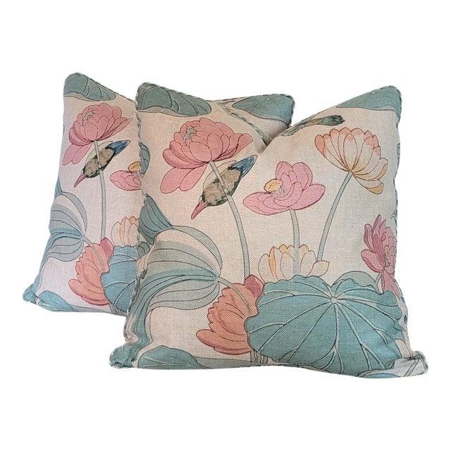 Lee Jofa Nympheus Twill Pillows in Pink/Teal With Braided Multi Cord- 22" Pair For Sale