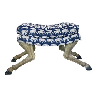 Mid 20th Century Hoof Feet Ottoman With Navy Elephant Print Upholstery For Sale