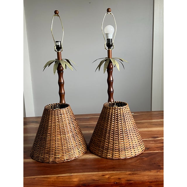 Vintage Hollywood Regency Faux Bamboo English Mahogany Palm Lamps For Sale - Image 10 of 12