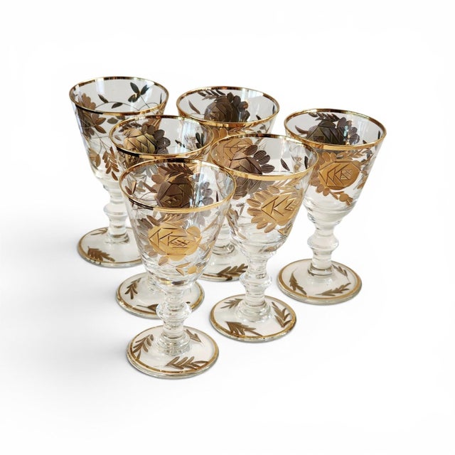 Victorian 1960s Set of 6 24k Gold Encrusted Crystal Cordial Shot Stem Barware Set For Sale - Image 3 of 13