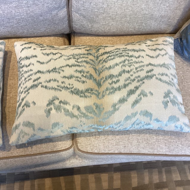 Boho Chic New Pair of Cowtan & Tout Blue and Cream Tiger Print Lumbar Pillows For Sale - Image 3 of 8