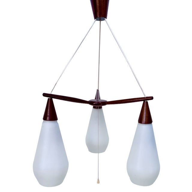 Danish Teak and Opaline Glass 3-Light Drop Hanging Lamp, 1950s For Sale