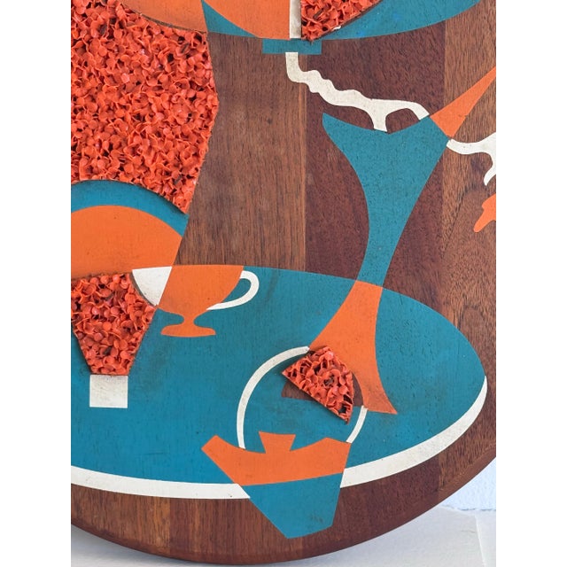 1960s Mid Century Modern Tear Drop Atomic Wall Hanging. Walnut wood tear drop wall hanging with orange plastic popcorn...