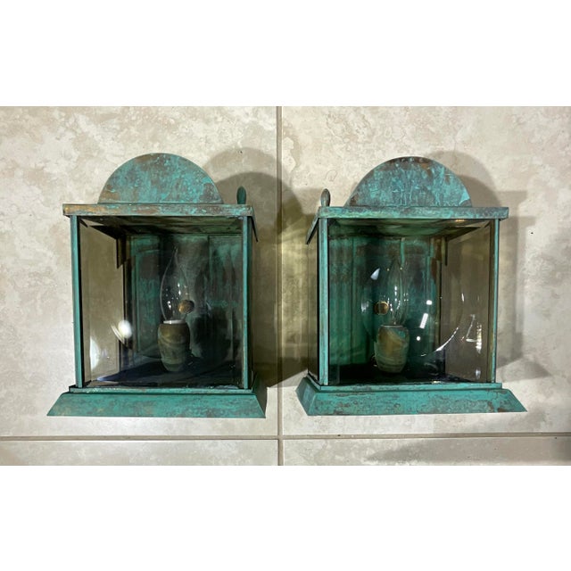 Vintage Verdigris Solid Brass Lanterns - Pair of Wall-Mounted Sconces For Sale - Image 13 of 13
