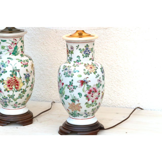 Antique Peony Chinese Porcelain Lamp - Pair For Sale - Image 4 of 10