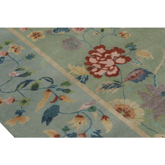 Art Deco Rug & Kilim’s Oversized Chinese Art Deco Style Floral Rug in Green and Blue For Sale - Image 3 of 7