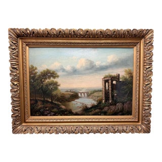 Mid 20th Century Original Classical Landscape Oil Painting With River and Architectural Ruins - Signed For Sale