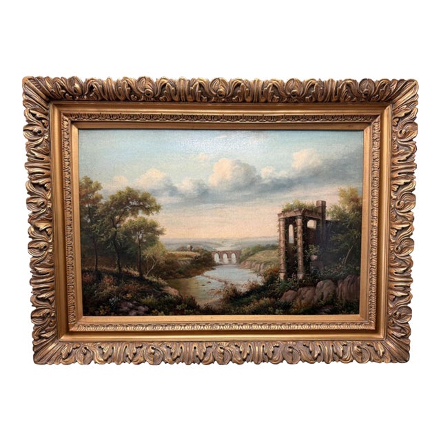 Mid 20th Century Original Classical Landscape Oil Painting With River and Architectural Ruins - Signed For Sale