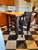 Custom made butcher block table, legs crafted to match chair style, table legs and chair stained black, butcher block gets...