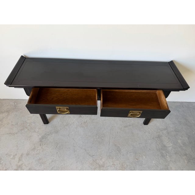 Mid-Century Modern Vintage Century Furniture Chinoiserie Black Lacquered Ebonized Console Sofa Table For Sale - Image 3 of 12