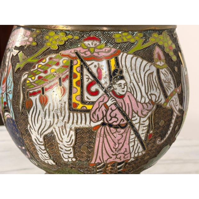 Mid 20th Century Chinese Cloisonne Brass Vase Table Lamp With Figural and White Elephant Decoration For Sale - Image 11 of 15