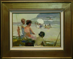 "Mediodia" Contemporary Impressionist Style Beach Scene Oil Painting by Giner Bueno, Framed