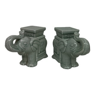 Vintage Ceramic Celadon Elephant Bookends- a Pair For Sale