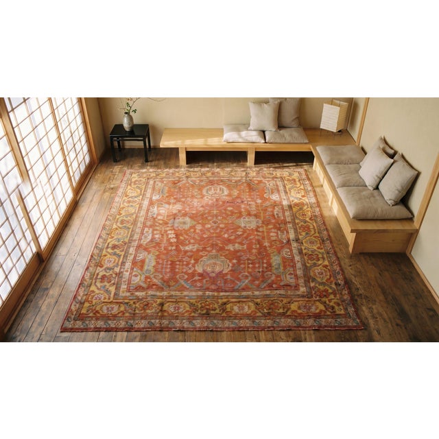 Impressive Coral Red With Palmettes Cross Pattern Antique Turkish Oushak Rug For Sale - Image 13 of 15