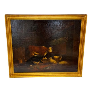 Victorian Oil Painting Cows & Sheep Group in Barn C1850 Follower Thomas Sidney Copper For Sale