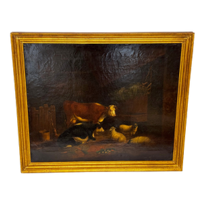 Victorian Oil Painting Cows & Sheep Group in Barn C1850 Follower Thomas Sidney Copper