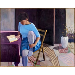 Late 20th Century Large Oil on Canvas, Woman Reading a Book For Sale