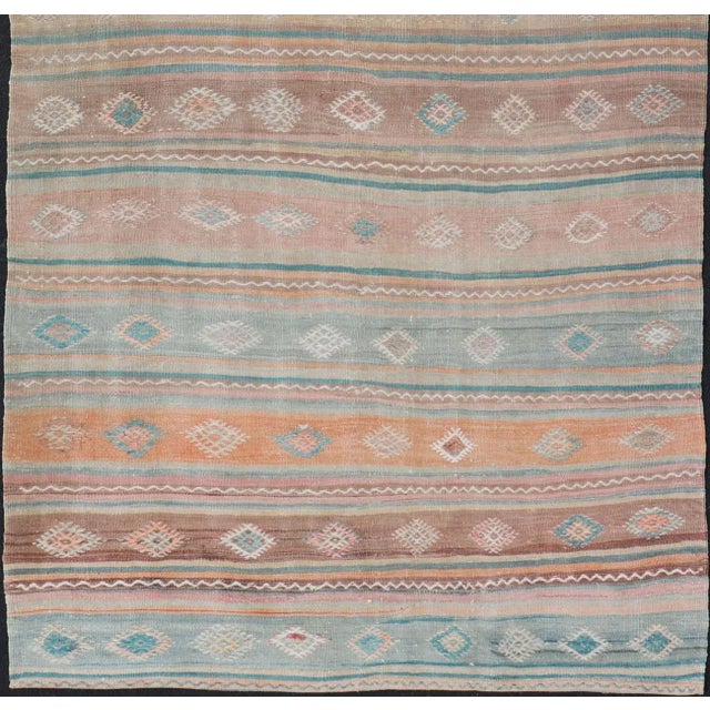 Brown Mid 20th Century Mid 20th Century Vintage Turkish Gallery Kilim With Stripes and Tribal Motifs in Muted Tones For Sale - Image 8 of 13