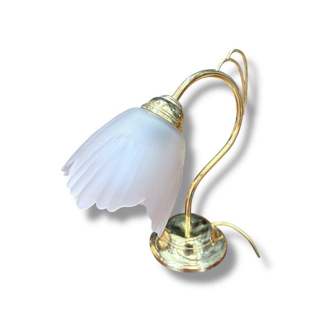 Vintage Art Nouveau Style Brass and Frosted Glass Flower Table Lamp For Sale - Image 4 of 9