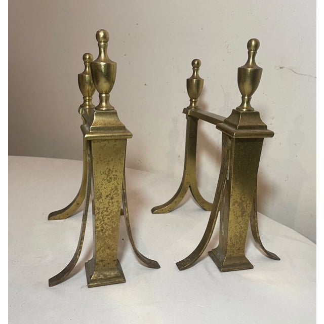 Pair of 2 Antique 19th Century Victorian Brass Fireplace Andirons Fire Dogs Rest For Sale - Image 4 of 10