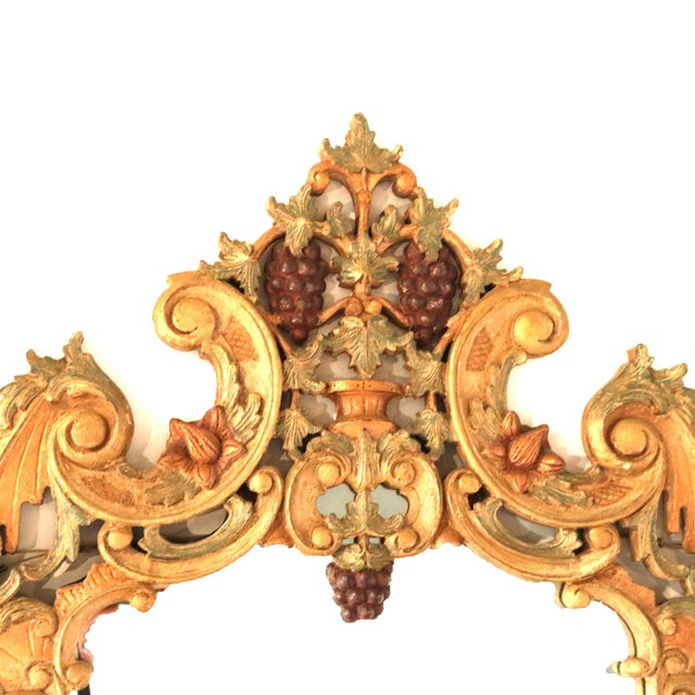Antique French Louis XIV Style Ornately Scrolled Giltwood & Polychromed Console Mirror & Table Set with Scroll, Grape &...