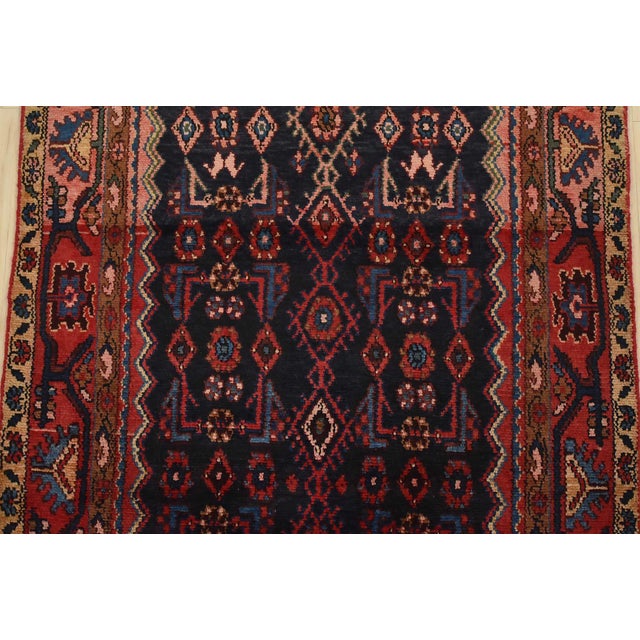 1970s Hamedan Runner 3’11” X 9’4” Blue Wool Semi-Antique Tribal Hand-Knotted Rug For Sale - Image 5 of 15
