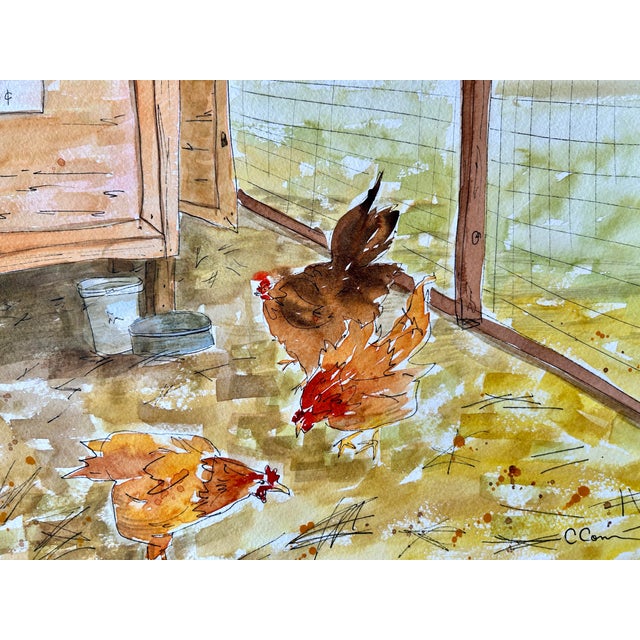 Illustration Original Watercolor Painting “Holly’s Chicken Yard” For Sale - Image 3 of 9