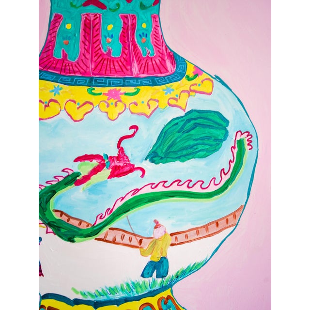 Chinoiserie Contemporary Chinoiserie Ginger Jar Painting With Dragon, 36x36 Acrylic on Panel, Pink Maximalist Wall Art by Dorothy Collier For Sale - Image 3 of 3