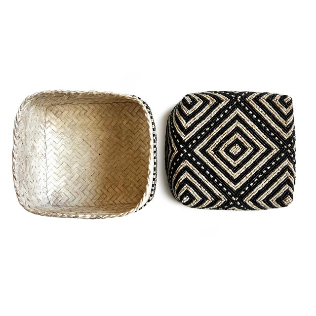 Early 21st Century Vintage Black & Tan Bamboo Beaded Box Medium For Sale - Image 5 of 7