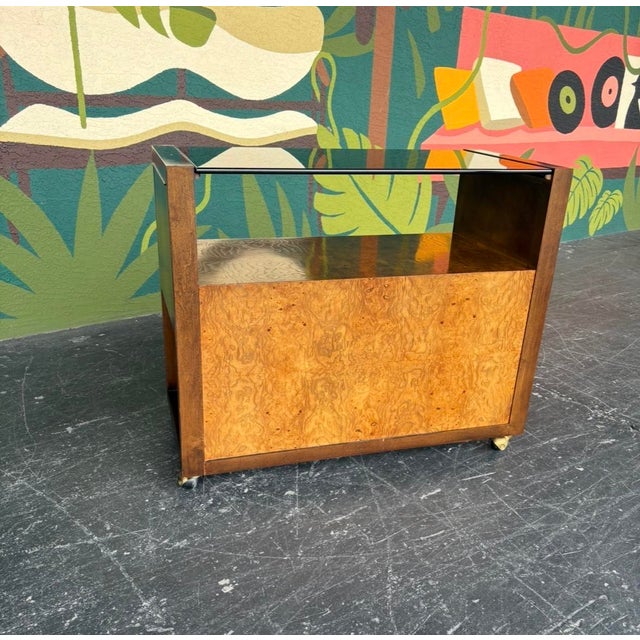 Brown Century Burl & Smoked Glass Rolling Bar For Sale - Image 8 of 14