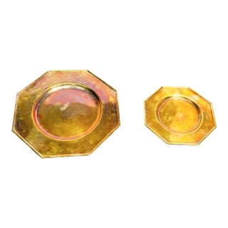 Vintage Brass Geometric Octagonal Plate Tray Set – 2 Pieces For Sale