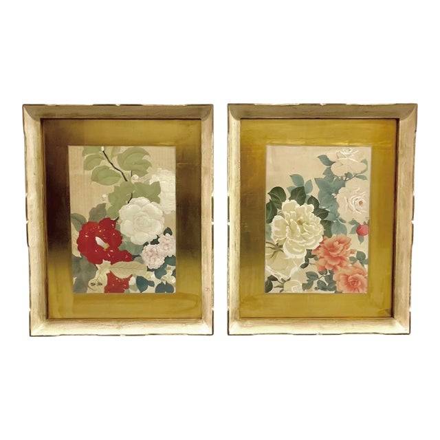 Pair Vintage Chinoiserie Asian Floral Prints With Gold Foil Mattes For Sale