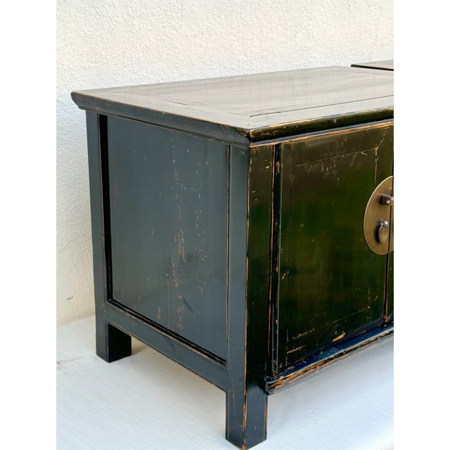 Pair of Vintage Chinese Chests / Night Tables : Vintage Wood Ebony Lacquer With Brass Hardware and Beautiful Patina For Sale - Image 4 of 12